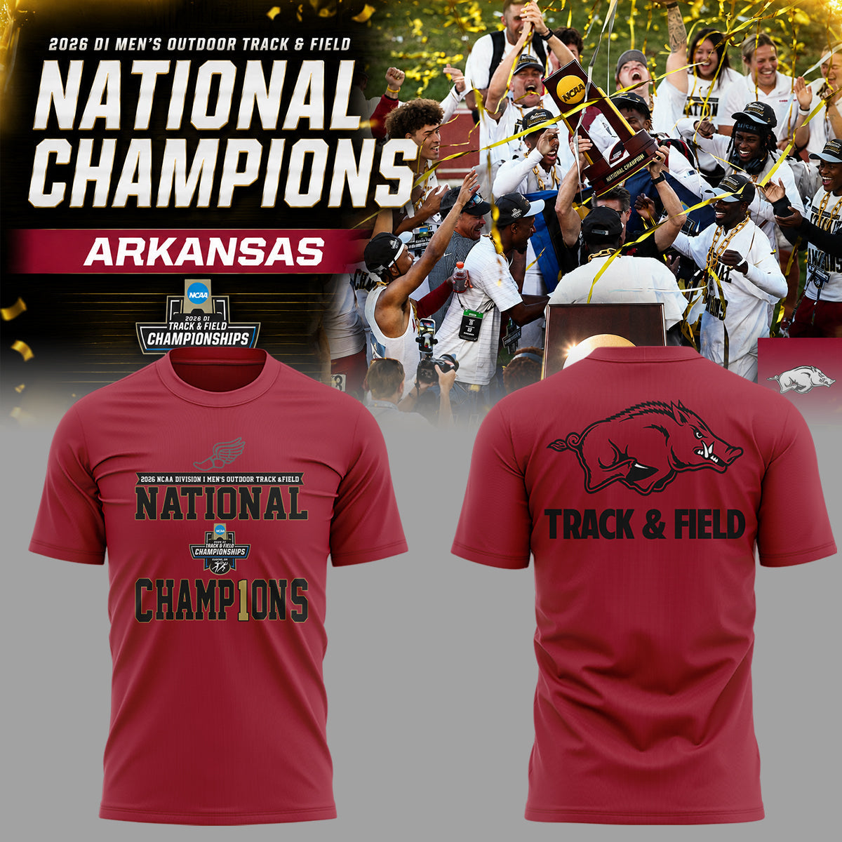 Razorbacks 2026 D1 Men's Outdoor Track & Field National Champions Shirt | OQ35