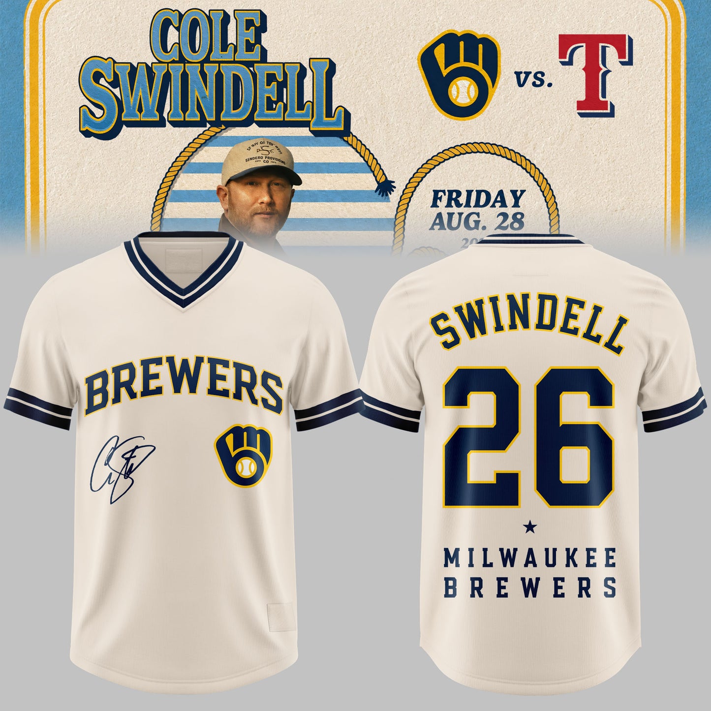 Cole Swindell x Milwaukee Brewers 3D All-Over Print Football Jersey V3