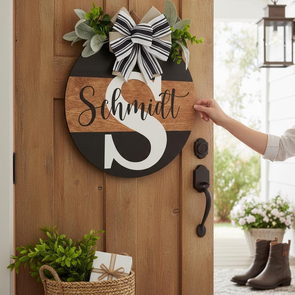 Personalized Family Name Door Sign | Custom Last Name Round Wood Sign with Bow |Farmhouse Front Door Decor|Rustic Home Gift|Wedding Gift