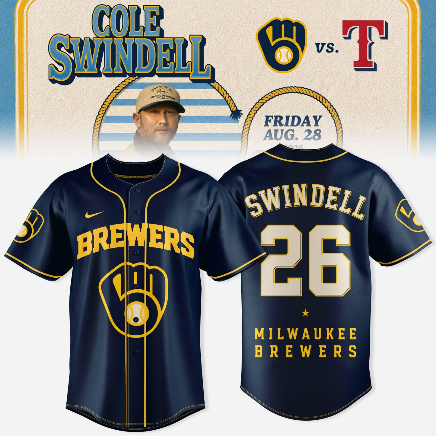 Cole Swindell x Milwaukee Brewers 3D All-Over Print Baseball Jersey V4