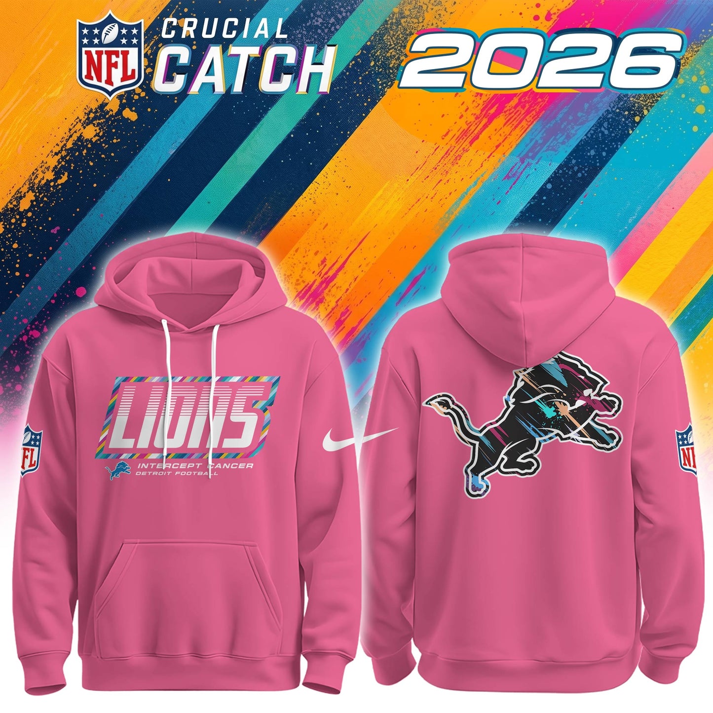 Men's Detroit Lions 2026 Crucial Catch Pink Hoodie