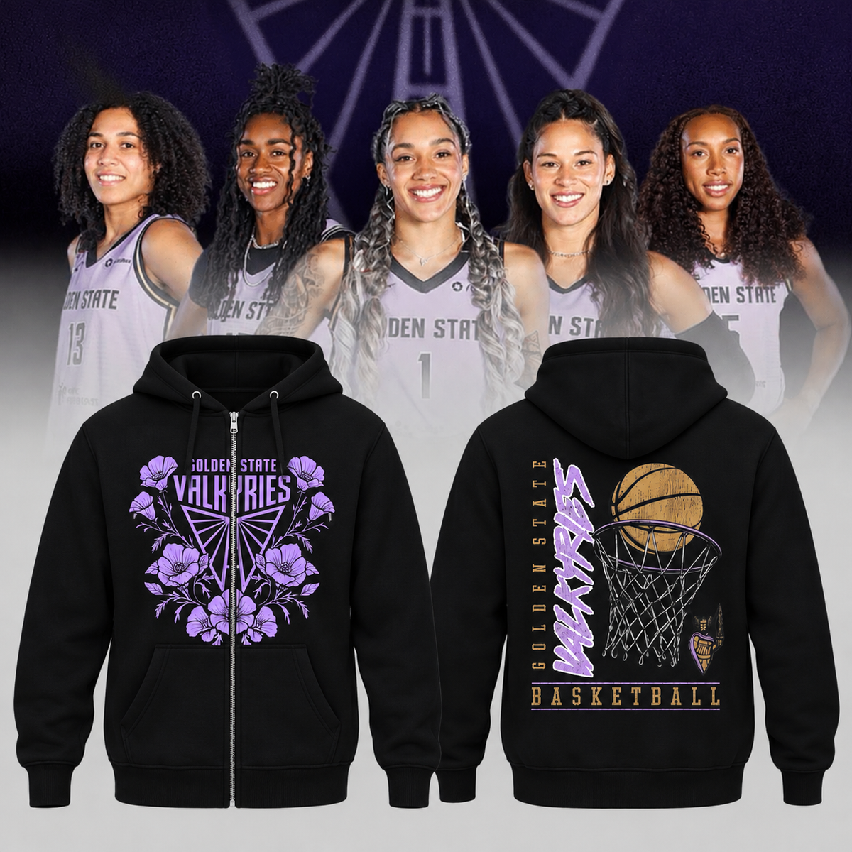 Golden State Valkyries WNBA Basketball Floral Vintage Zip Hoodie