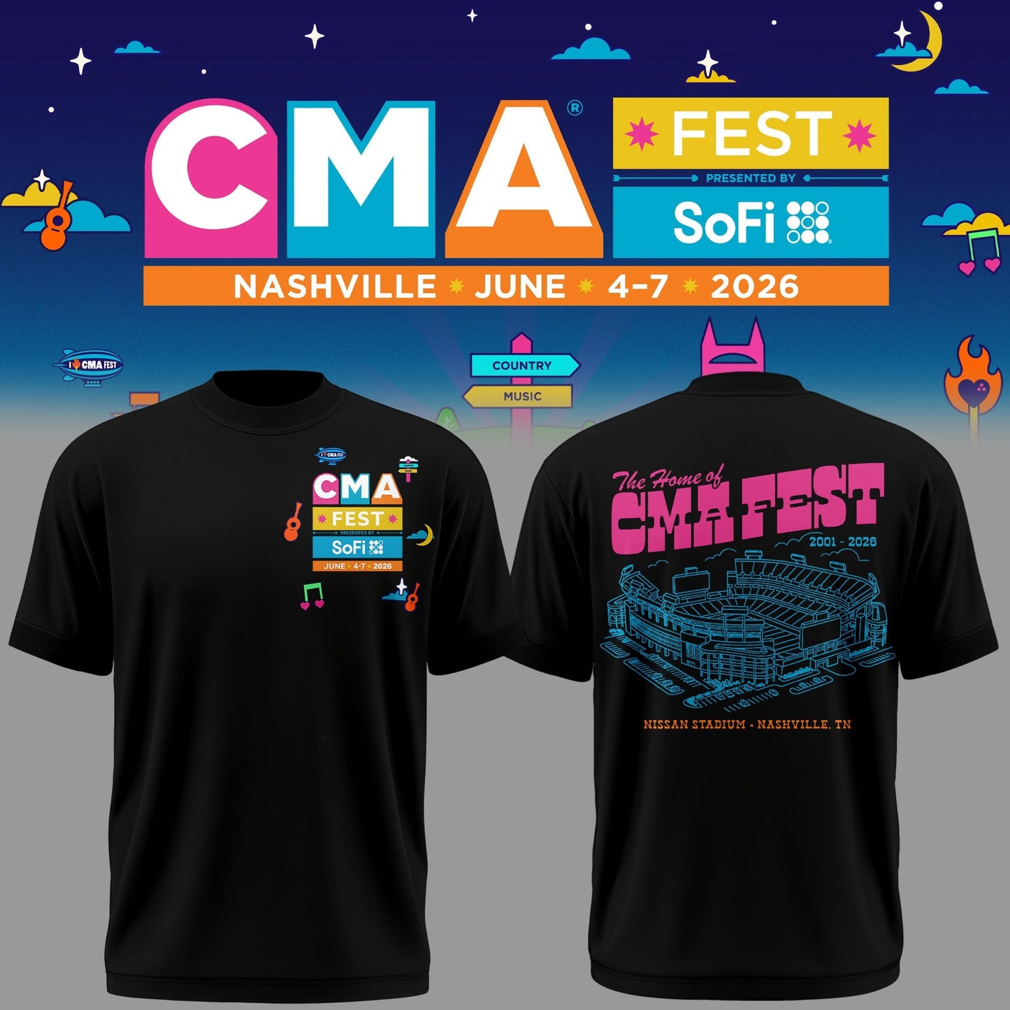 Limited Edition CMA FEST Nissan Stadium Black Tshirt 2026 | FQ67