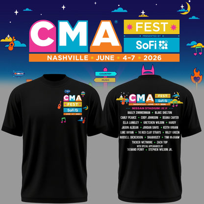 Limited Edition CMA FEST Nissan Stadium All Singers Line Up Black Tshirt 2026 | IB28