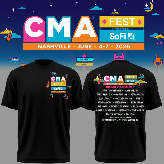Limited Edition CMA FEST Nissan Stadium All Singers Line Up Black Tshirt 2026 | IB28