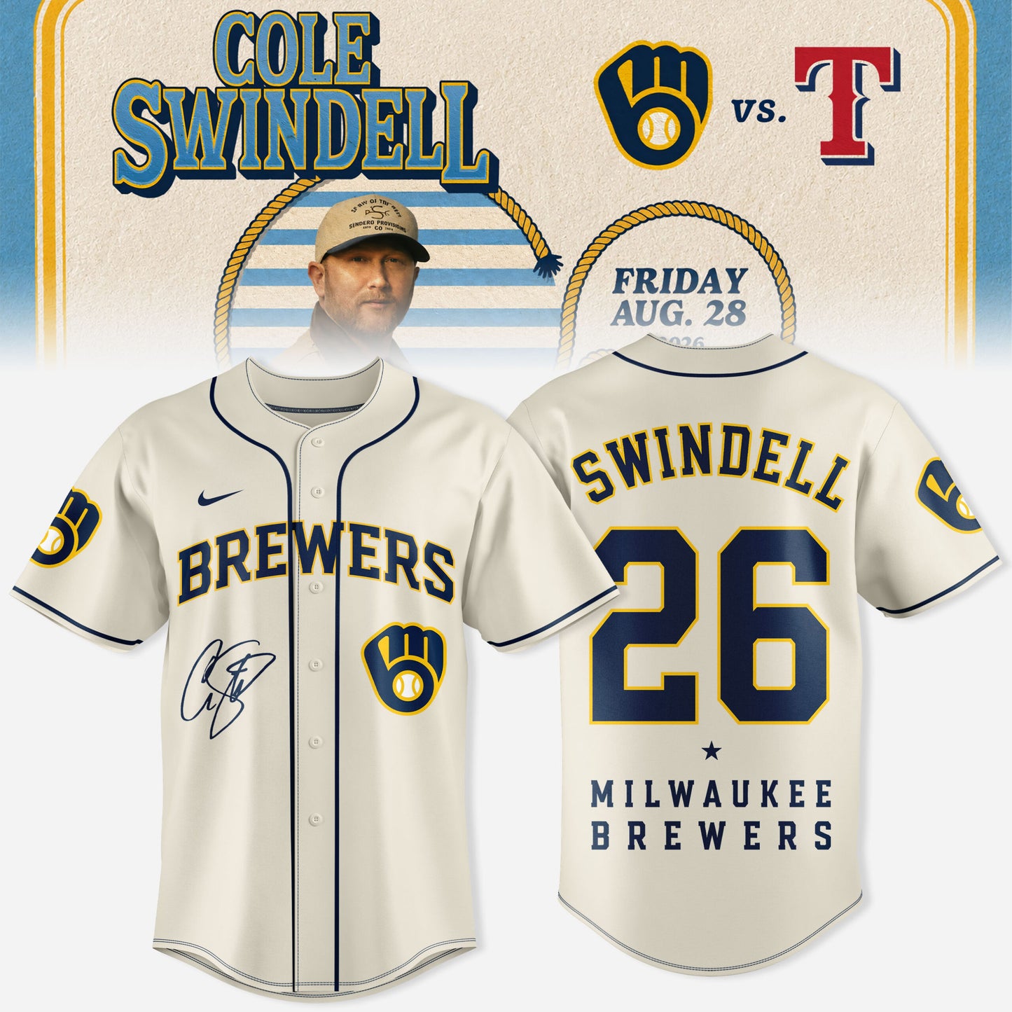 Cole Swindell x Milwaukee Brewers 3D All-Over Print Baseball Jersey V3