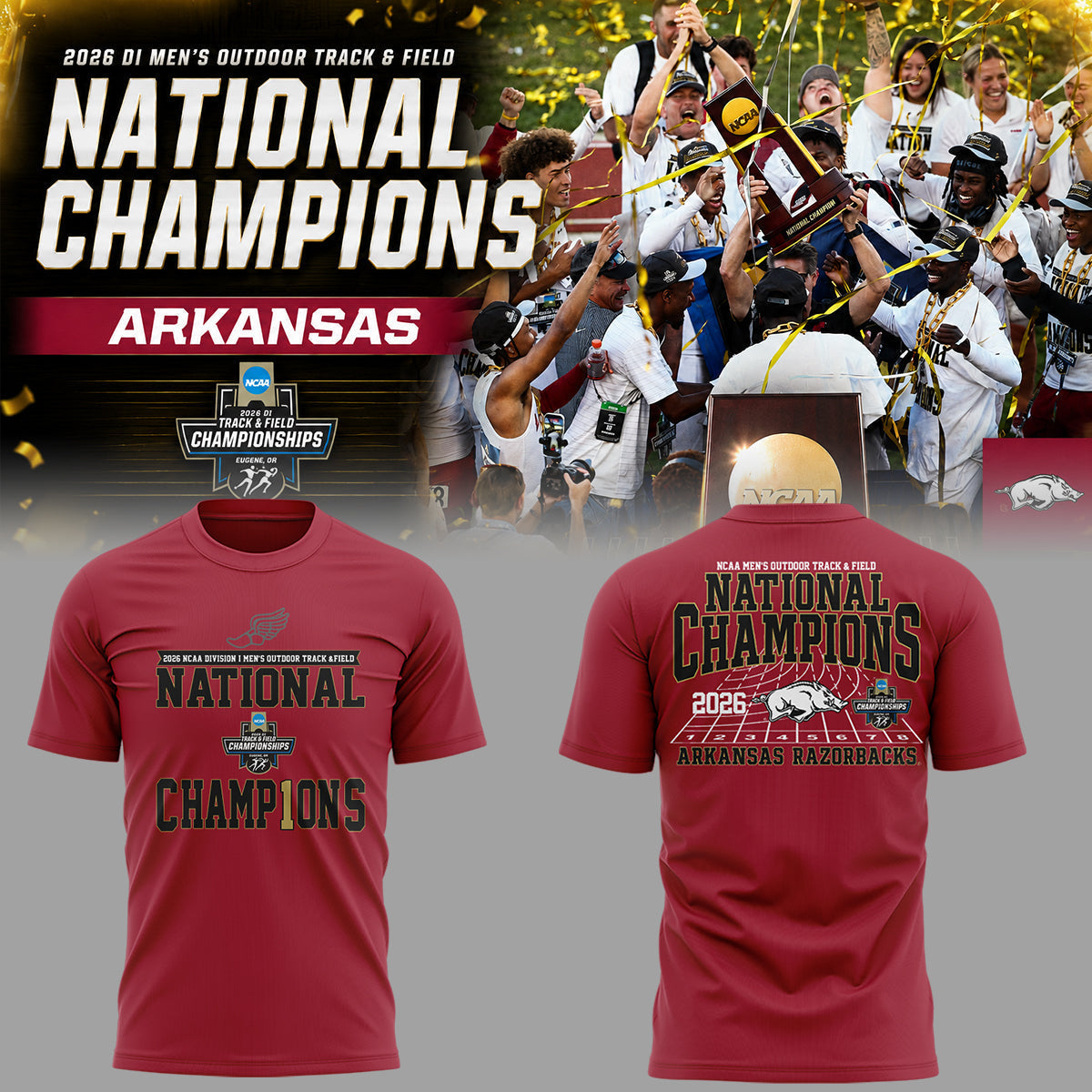 Razorbacks 2026 D1 Men's Outdoor Track & Field National Champions Shirt | FD74
