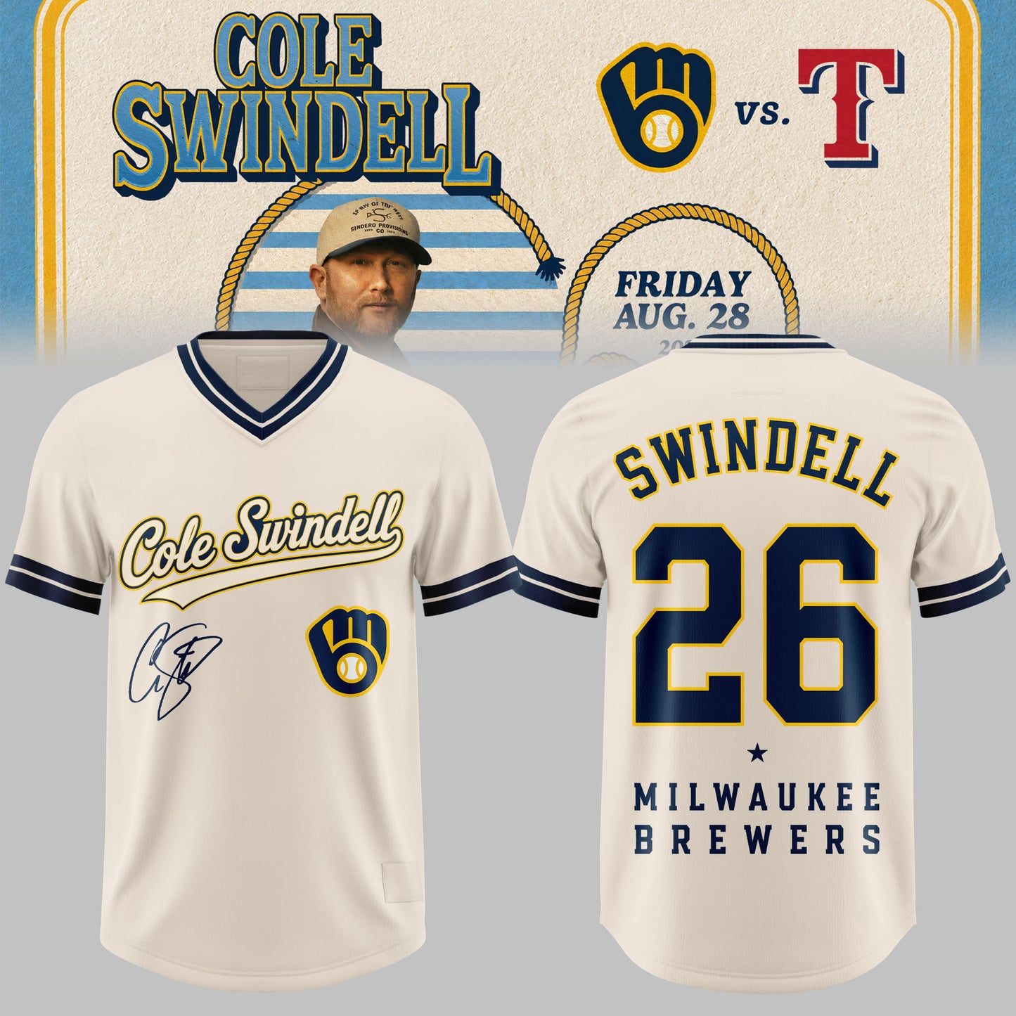 Cole Swindell x Milwaukee Brewers 3D All-Over Print Football Jersey V2