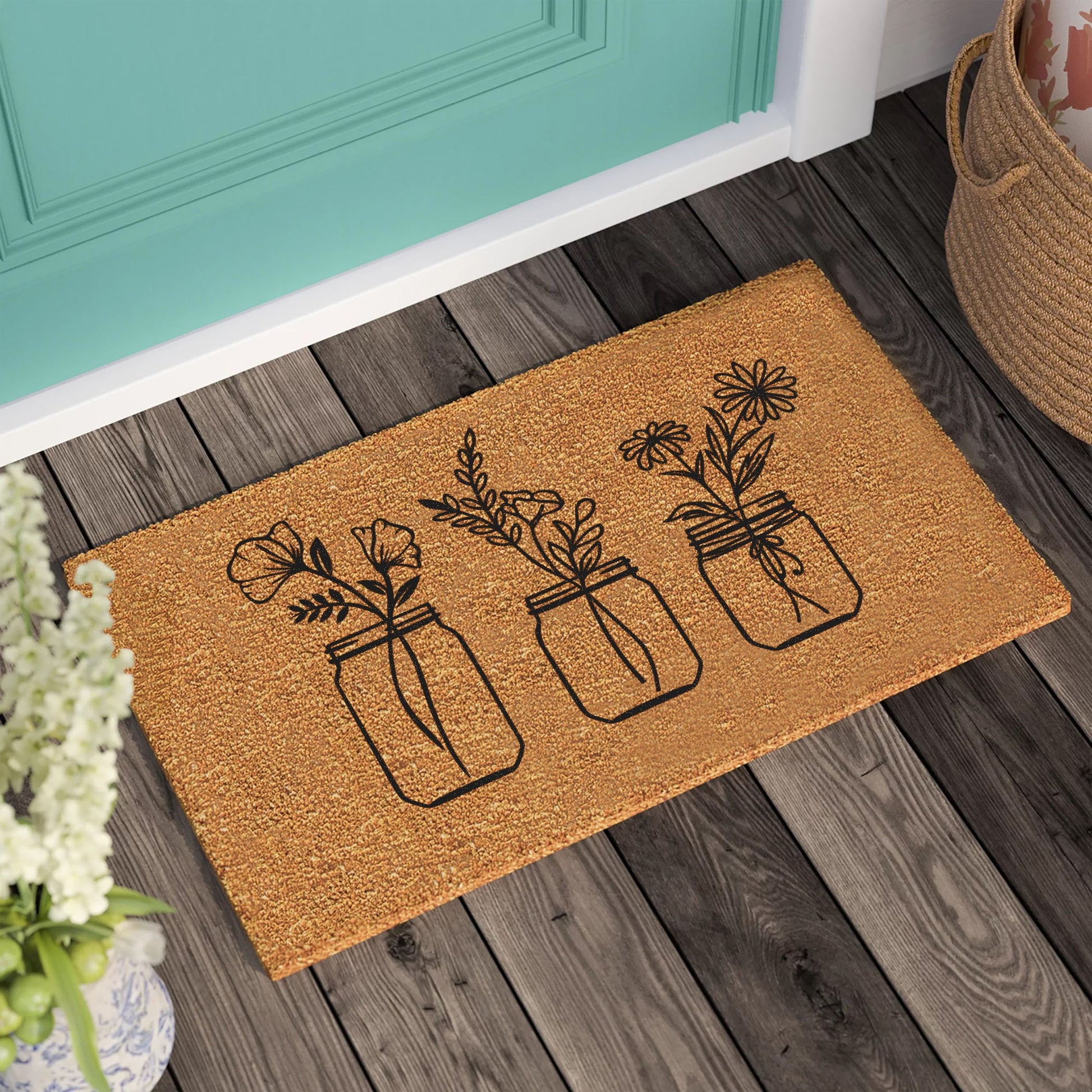 Flowers in Jars Doormat: Personalized Coconut Coir Welcome Mat