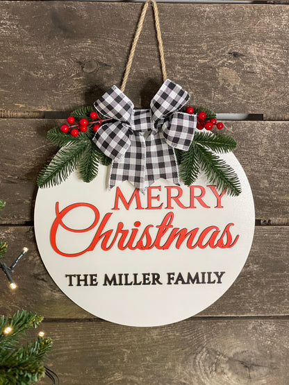 Personalized christmas family name sign, Wood name sign, Christmas front door sign, Last name christmas wreath, Christmas door decor sign