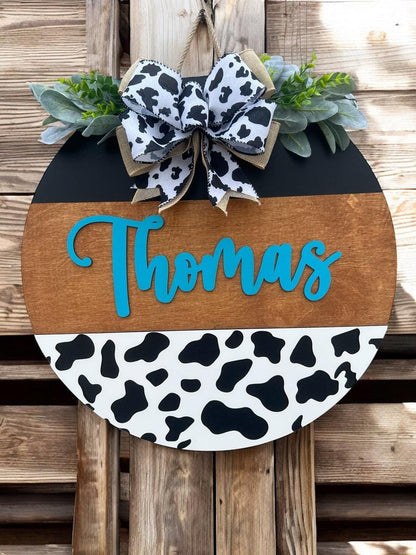 Last name Cow door sign|Last name Cow door sign|Welcome cow print sign|Last name sign|Door sign with last name|Family name door hanger|Door