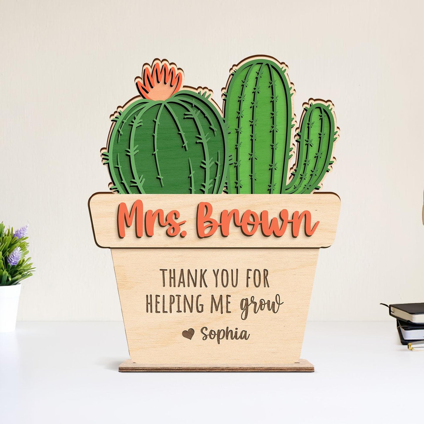 Personalized Teacher Desk Sign: Cactus Plant, Thank You Gift