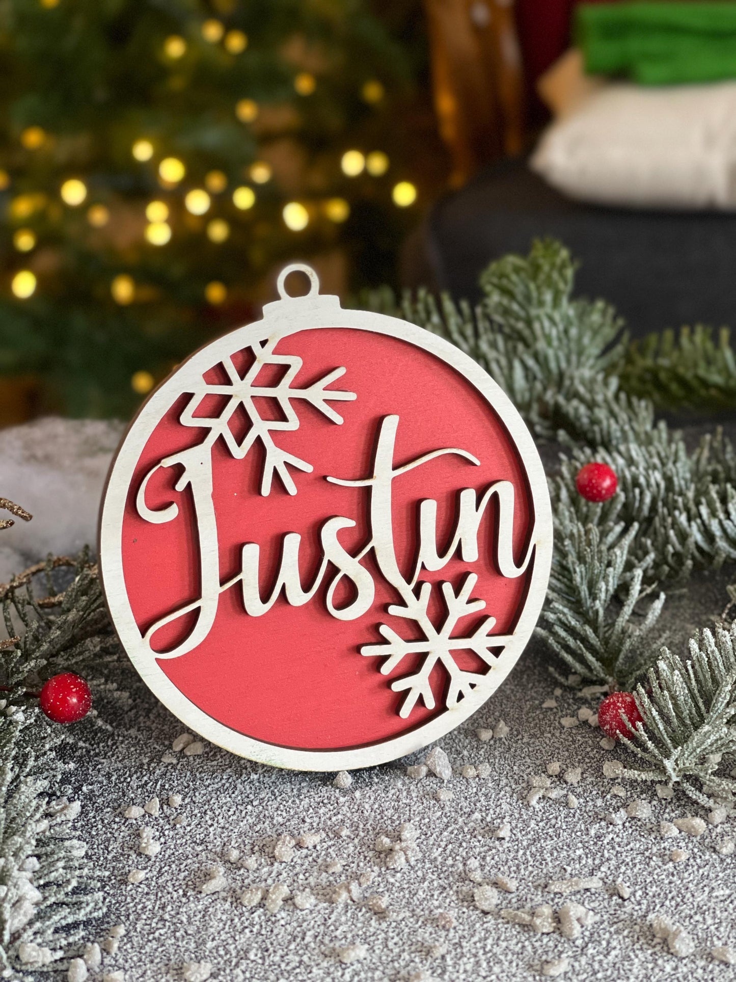 Christmas Ornament with Name-Personalized Wooden Ornaments-Unique xmas Gift-Family Name Bauble-Babys First Ornament