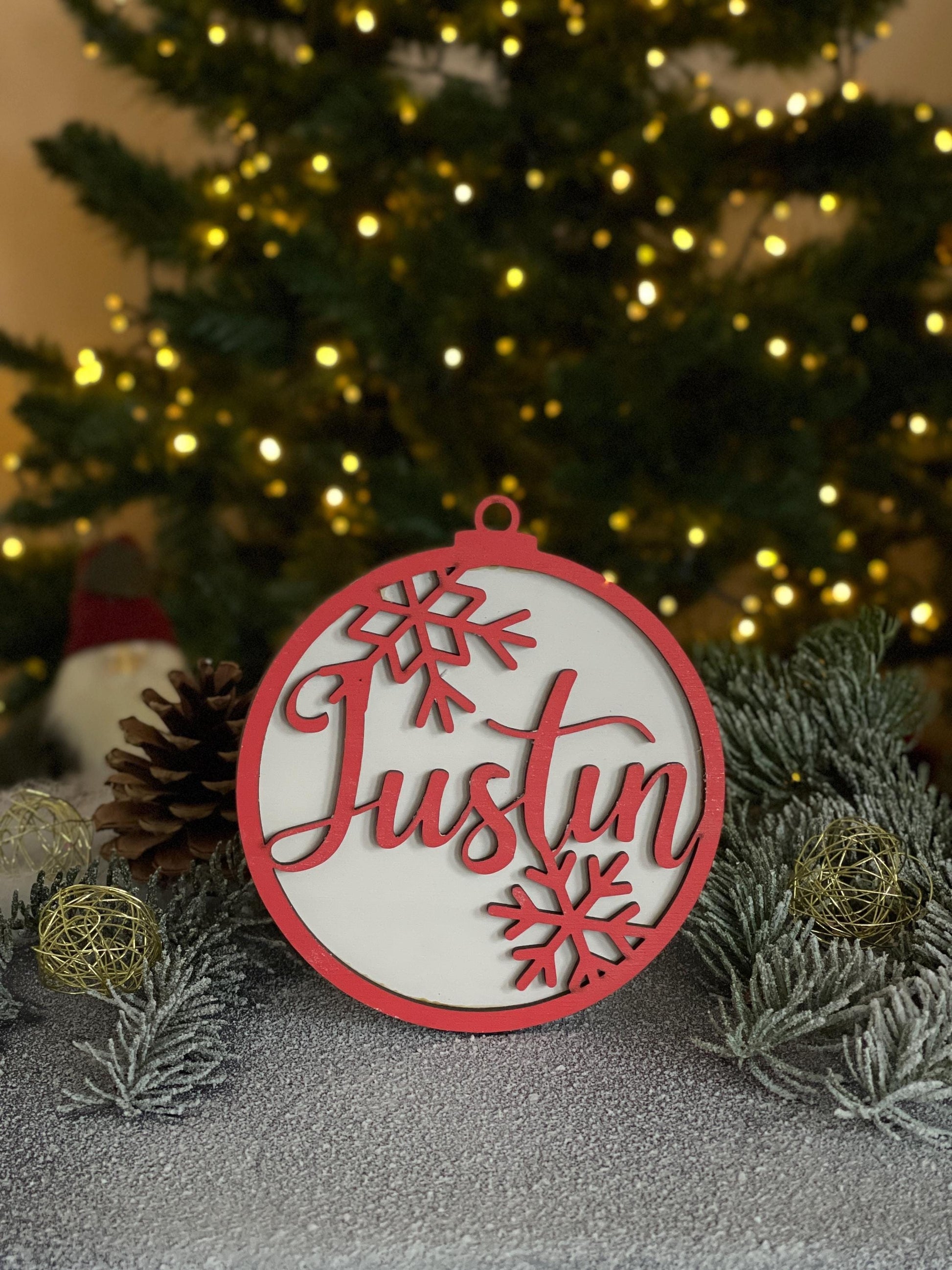 Christmas Ornament with Name-Personalized Wooden Ornaments-Unique xmas Gift-Family Name Bauble-Babys First Ornament