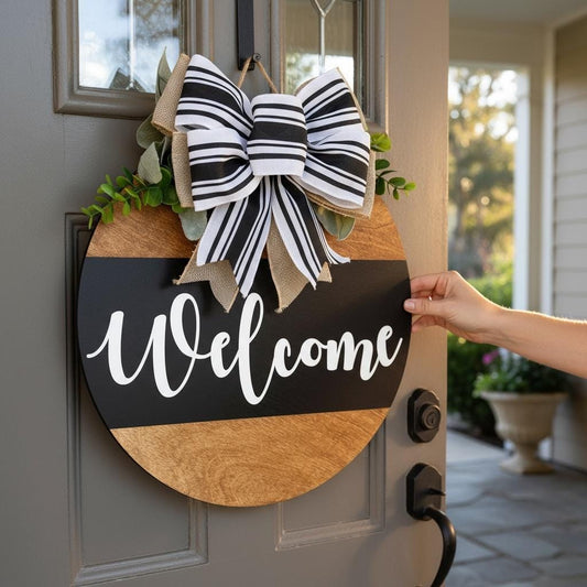 Welcome Door Sign|Round Wood Front Door Hanger|Farmhouse Porch Decor|Black and White Bow Wreath|Rustic Home Entry Sign|Gift New home owners
