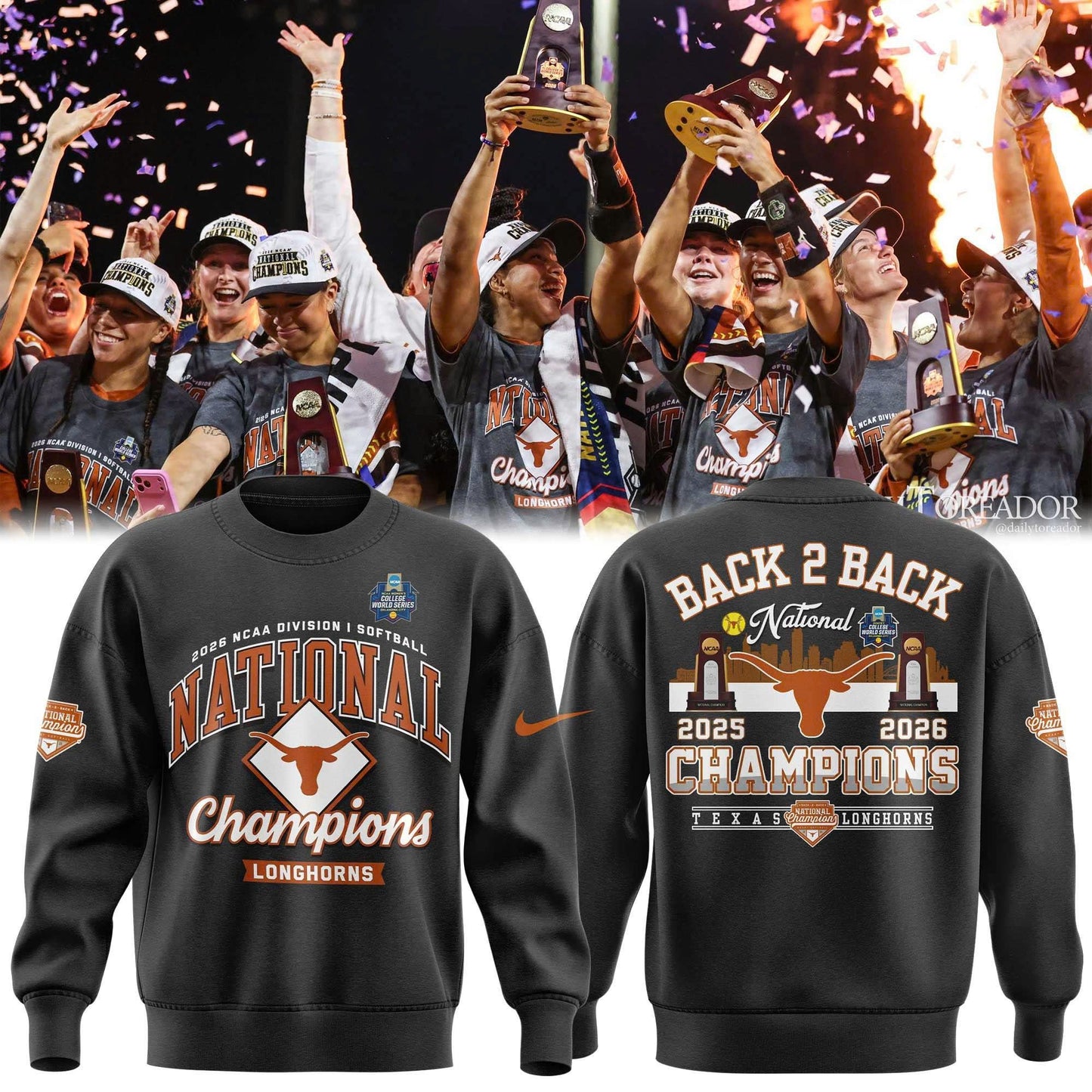 Texas Longhorns Black 2026 NCAA Softball National Champions Locker Room Sweatshirt