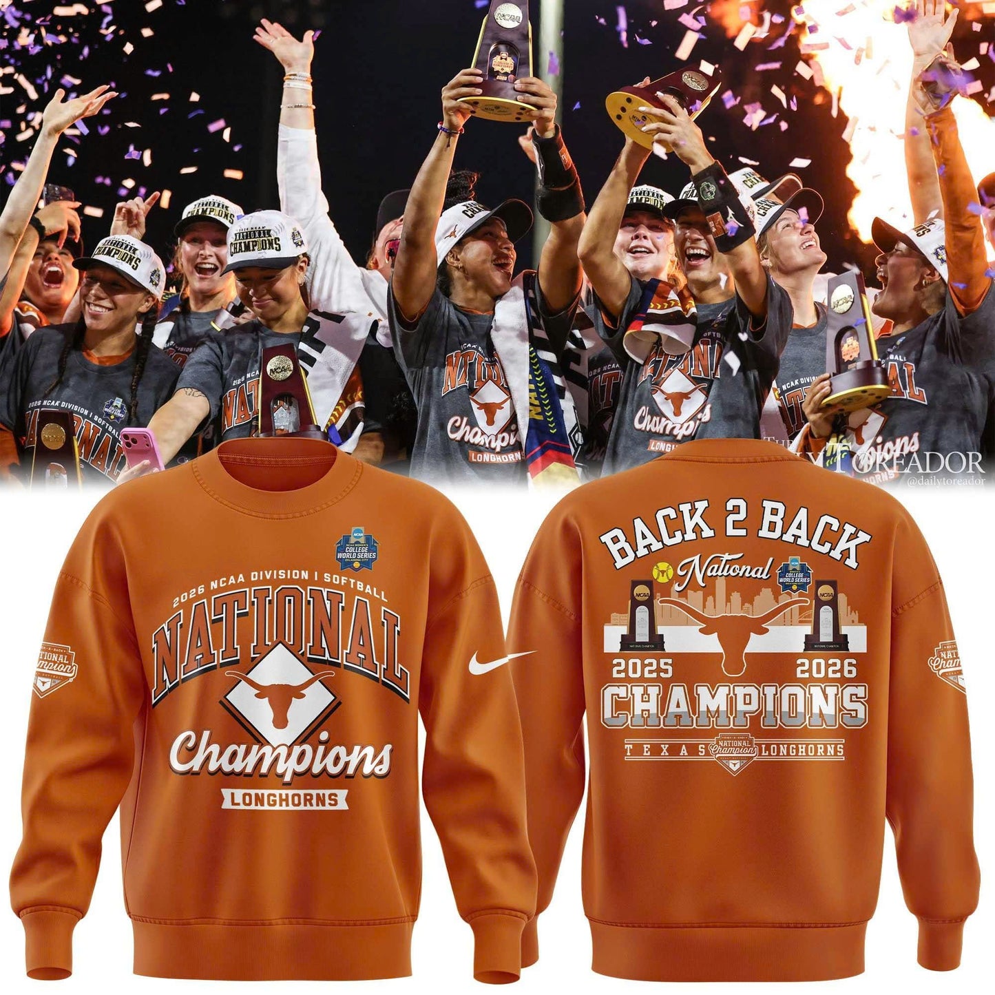 Texas Longhorns Orange 2026 NCAA Softball National Champions Locker Room Sweatshirt