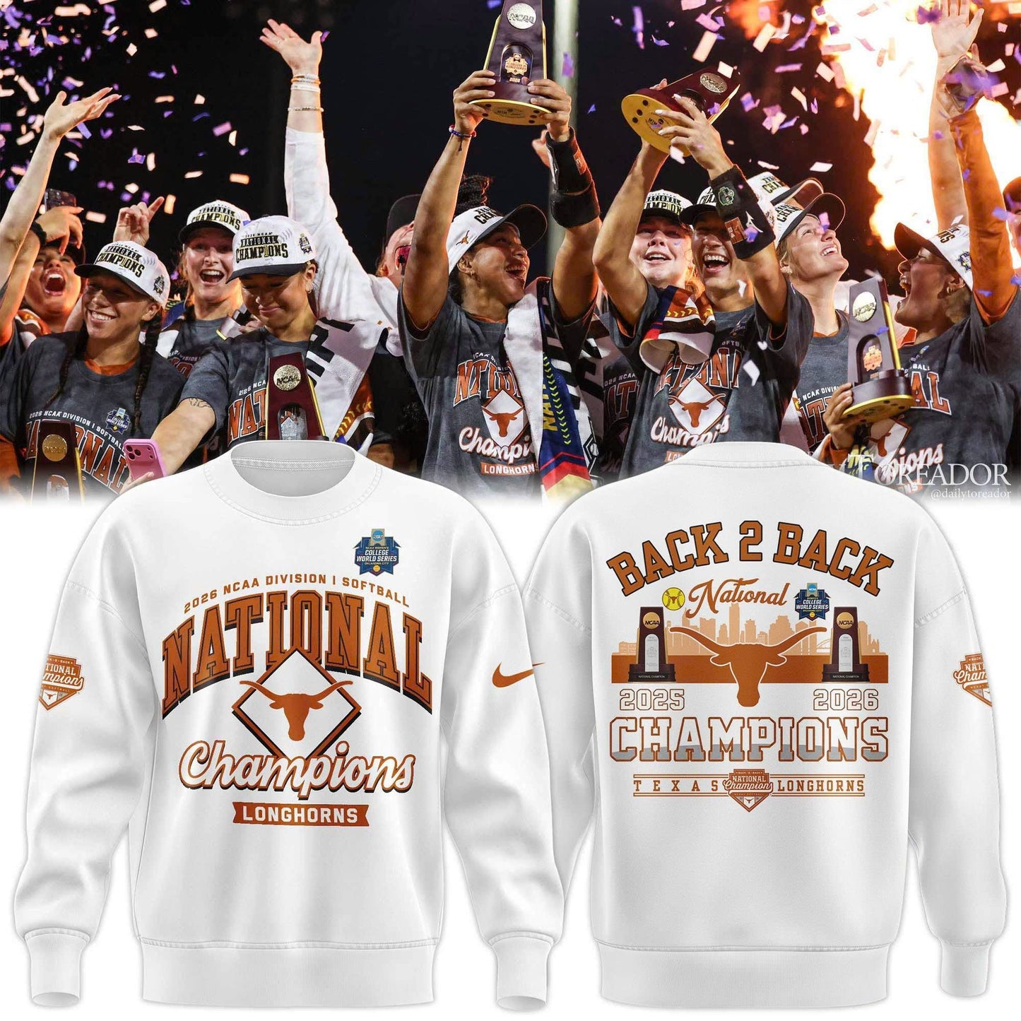 Texas Longhorns White 2026 NCAA Softball National Champions Locker Room Sweatshirt