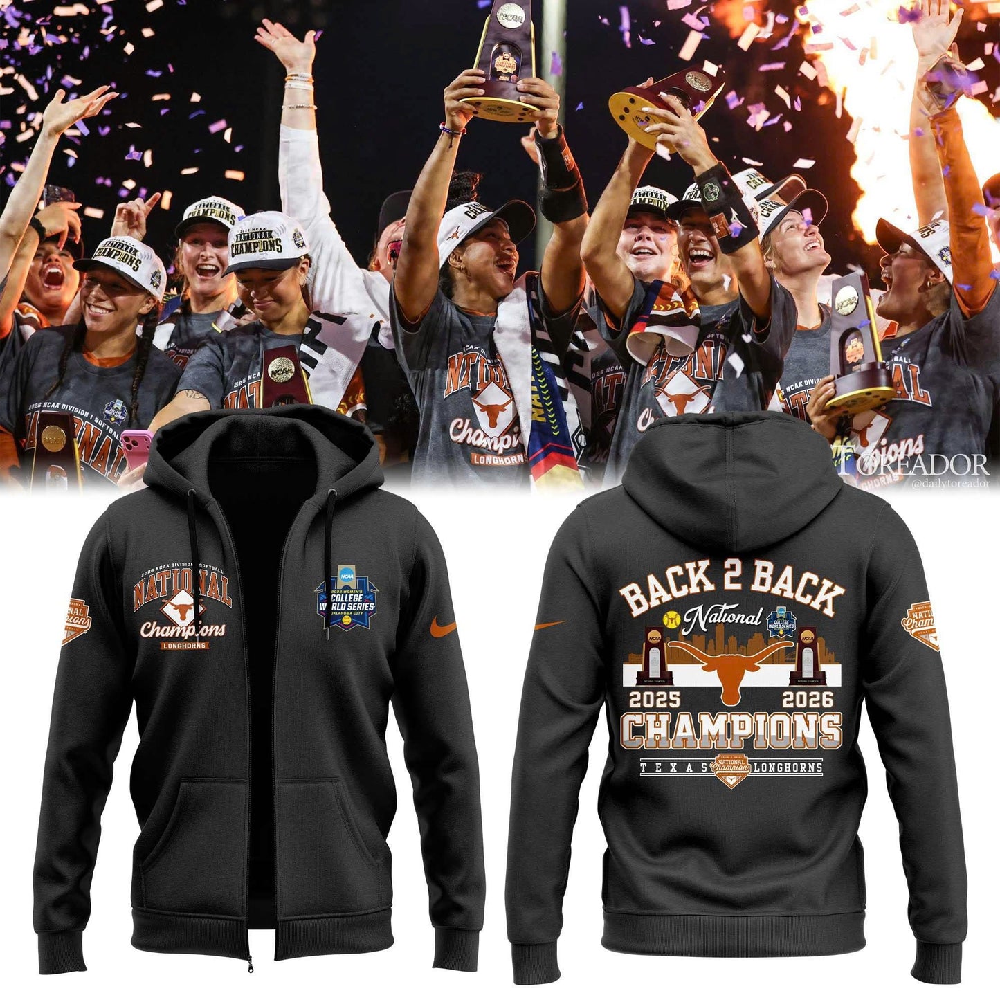 Texas Longhorns Black 2026 NCAA Softball National Champions Locker Room Zip Hoodie
