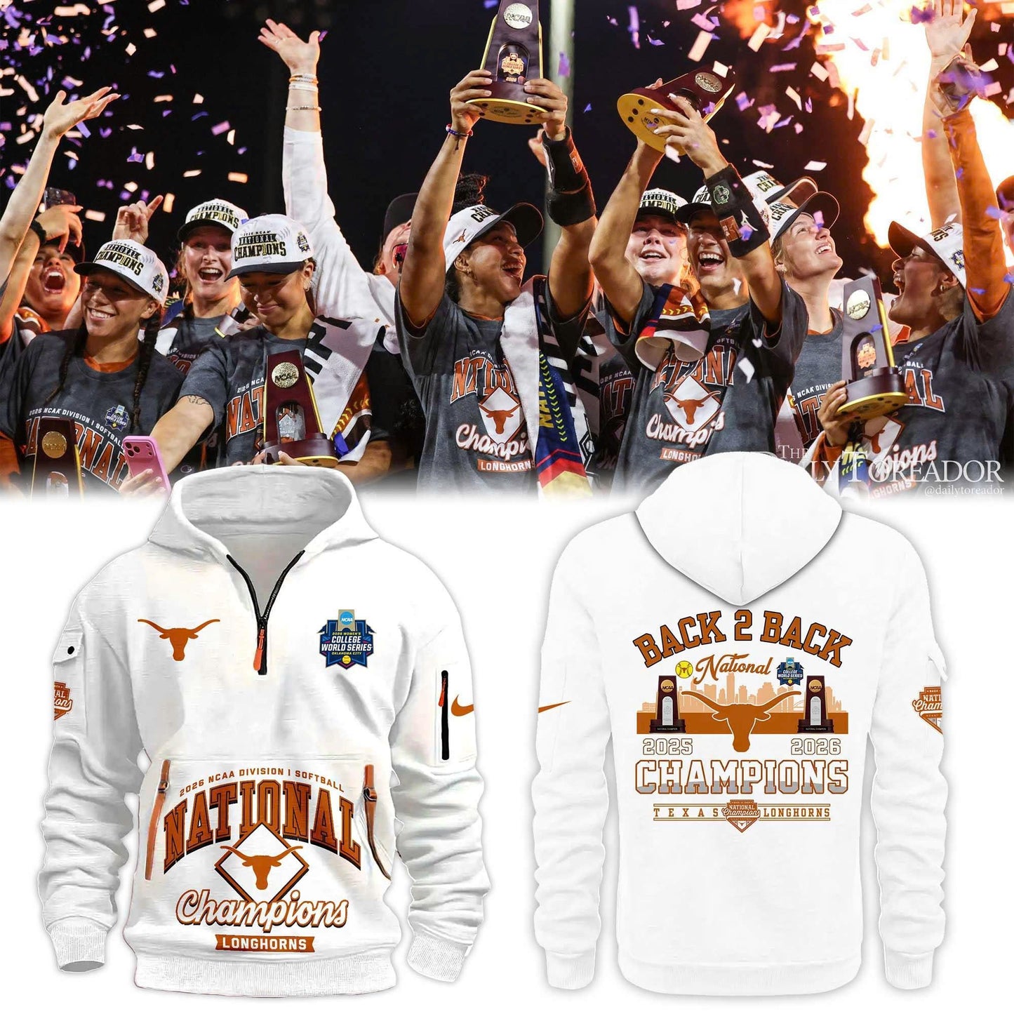 Texas Longhorns White 2026 NCAA Softball National Champions Locker Room Quarter Zipper Hoodie