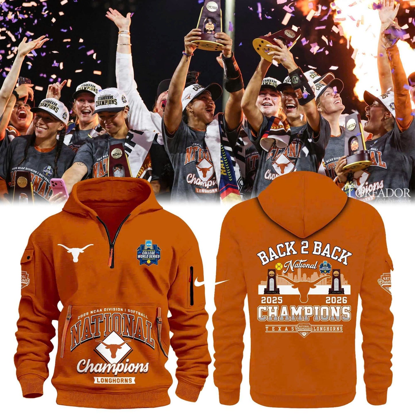 Texas Longhorns Orange 2026 NCAA Softball National Champions Locker Room Quarter Zipper Hoodie