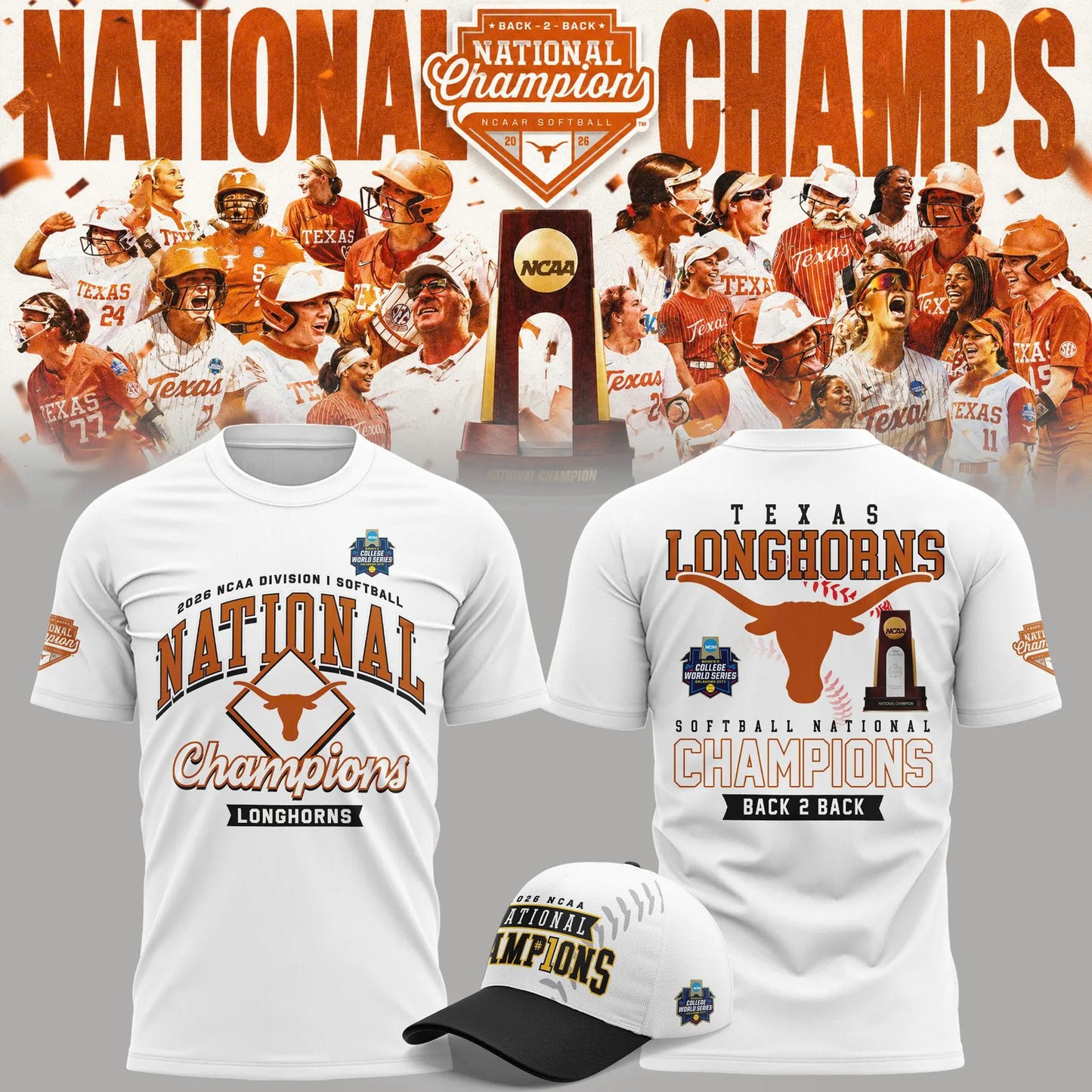 Texas Longhorns White 2026 Softball National Champions Locker Room Tee