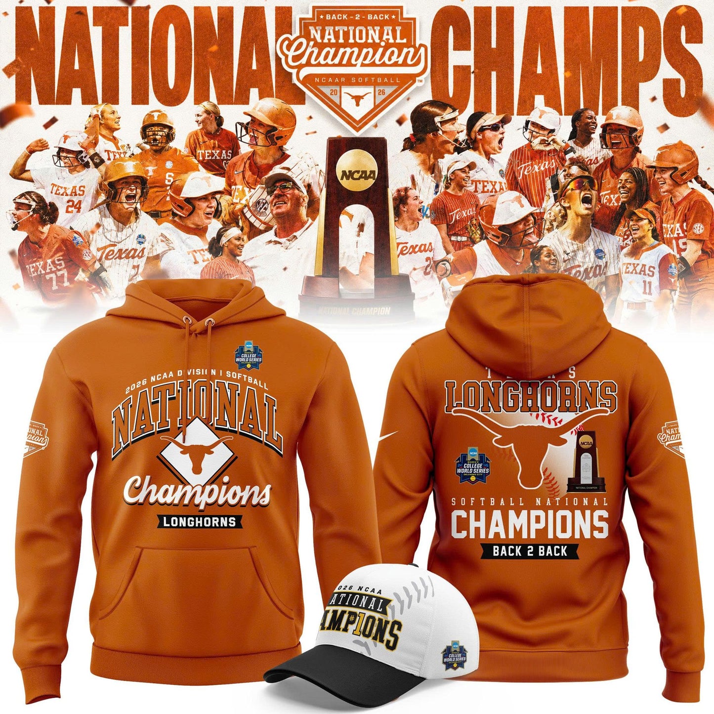 Texas Longhorns Orange 2026 Softball National Champions Locker Room Hoodie