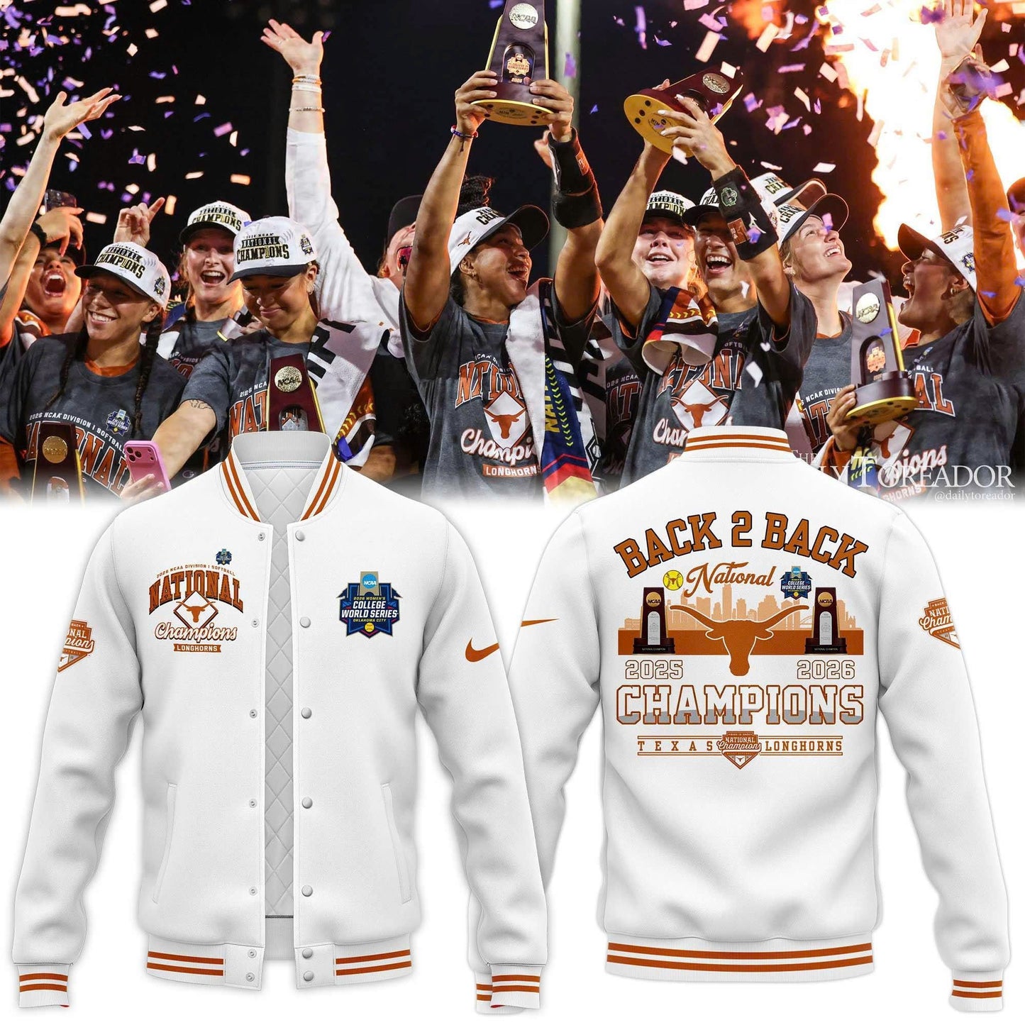 Texas Longhorns White 2026 NCAA Softball National Champions Locker Room Baseball Jacket
