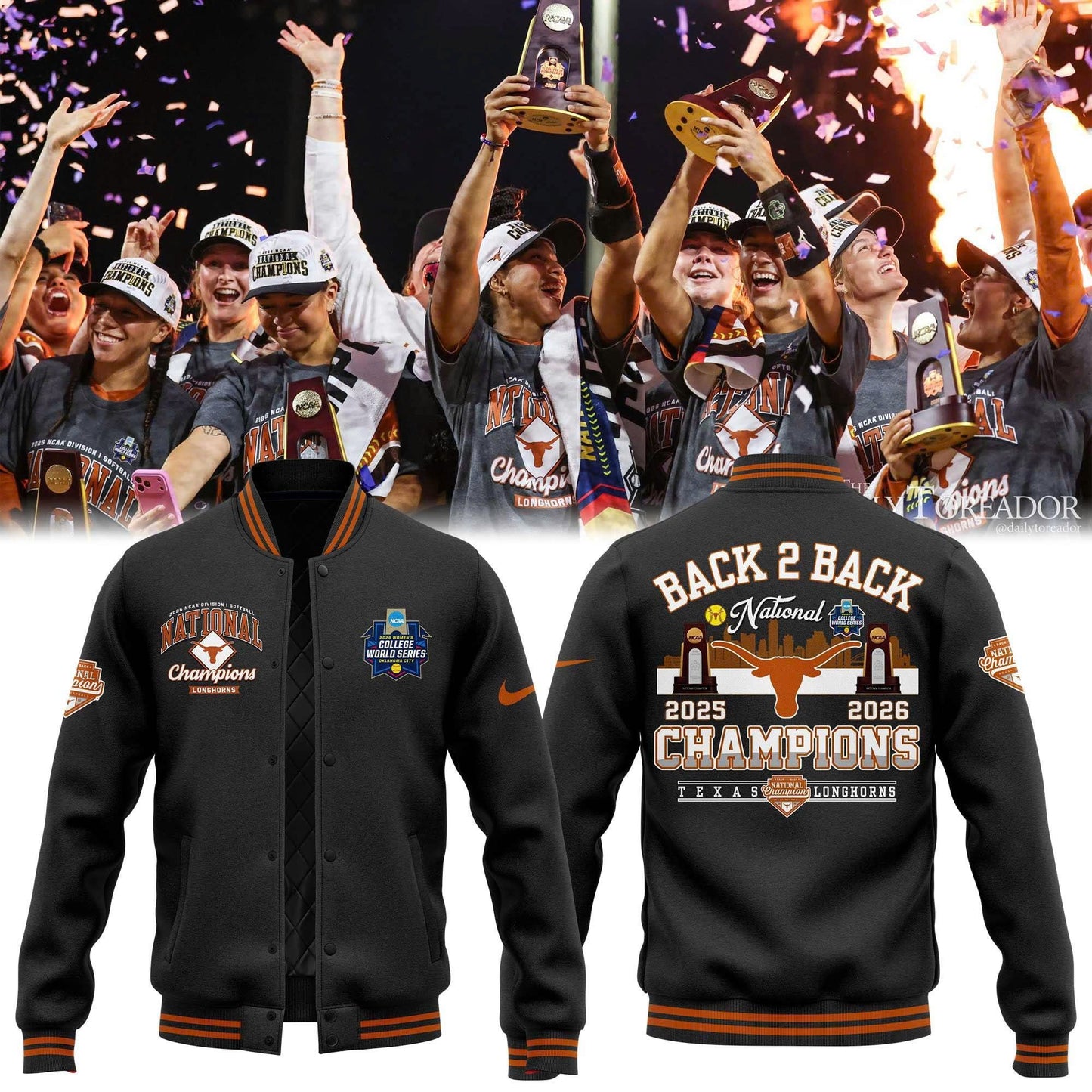 Texas Longhorns Black 2026 NCAA Softball National Champions Locker Room Baseball Jacket