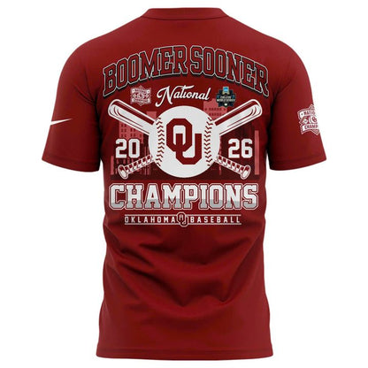 Men's Champion Crimson Oklahoma Sooners 2026 NCAA Baseball Men's College World Series Champions Locker Room T-Shirt