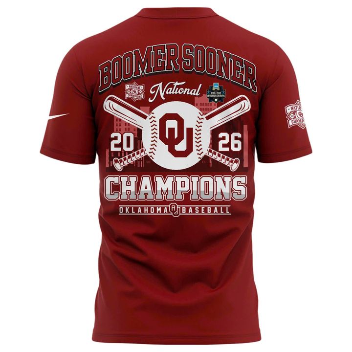 Men's Crimson Oklahoma Sooners 2026 NCAA Baseball Men's College World Series Champions Locker Room T-Shirt