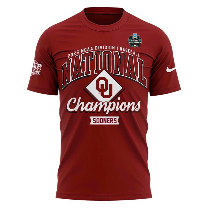 Men's Crimson Oklahoma Sooners 2026 NCAA Baseball Men's College World Series Champions Locker Room T-Shirt